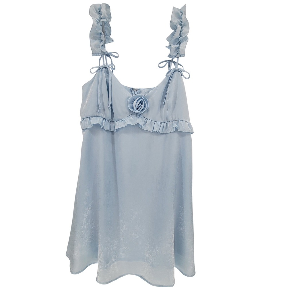 Wild Fable Light Blue Satin Rosette Ruffle Camisole Tie Strap Tank Top Medium